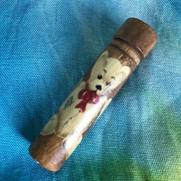 Vintage Wooden Hand-painted Teddy Bear Small Round Trinket Holder And Vial - Picture 11 of 13